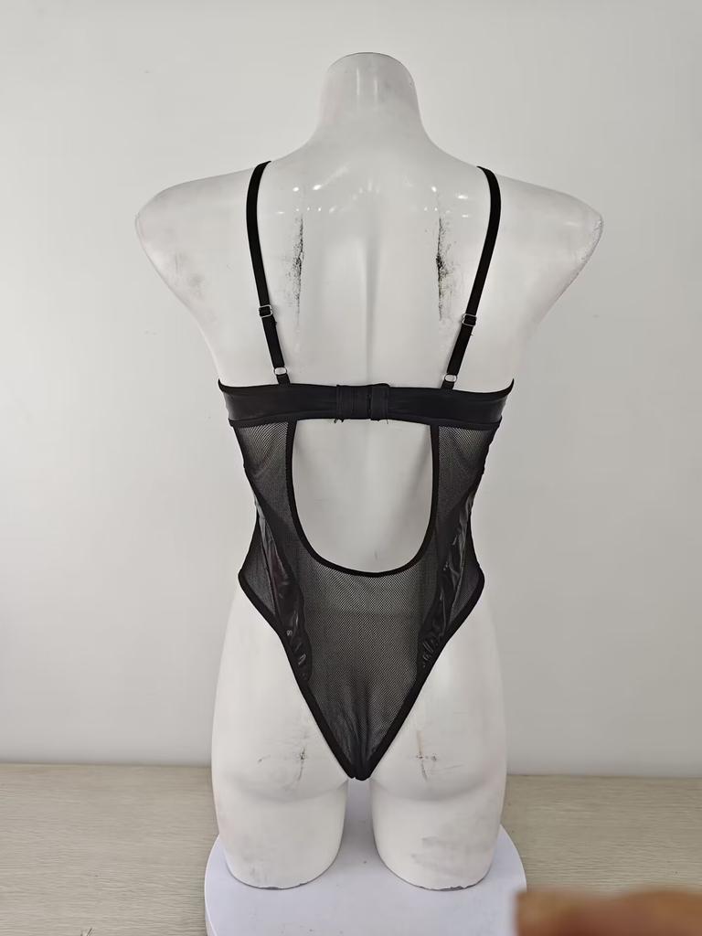 Sexy Lace Bra PU Leather Erotic Lingerie Bodysuit Stockings Bondage Adult Breast Exposing Underwear Mesh Hot Costume for Women