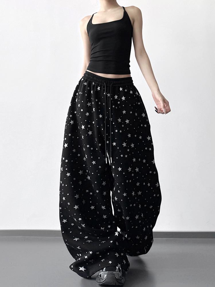 Women's Black Star Print Wide-Leg Sweatpants