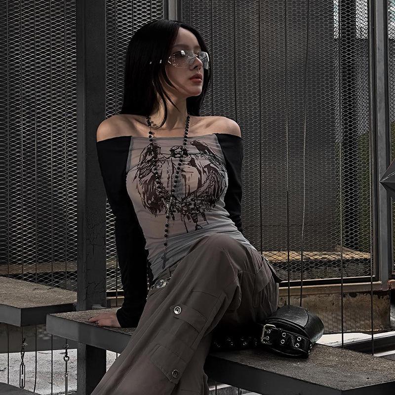 Y23TP642 Europäisch-Amerikanisches Mesh-Strick Ein-Schulter Print Durchsichtig Damen Top.