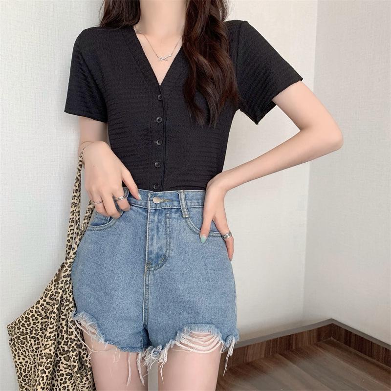 

Футболка с короткими рукавами из розового шелка с V-образным вырезом, женская новая летняя тонкая трикотажная кофточка с высокой талией, короткий топ One size