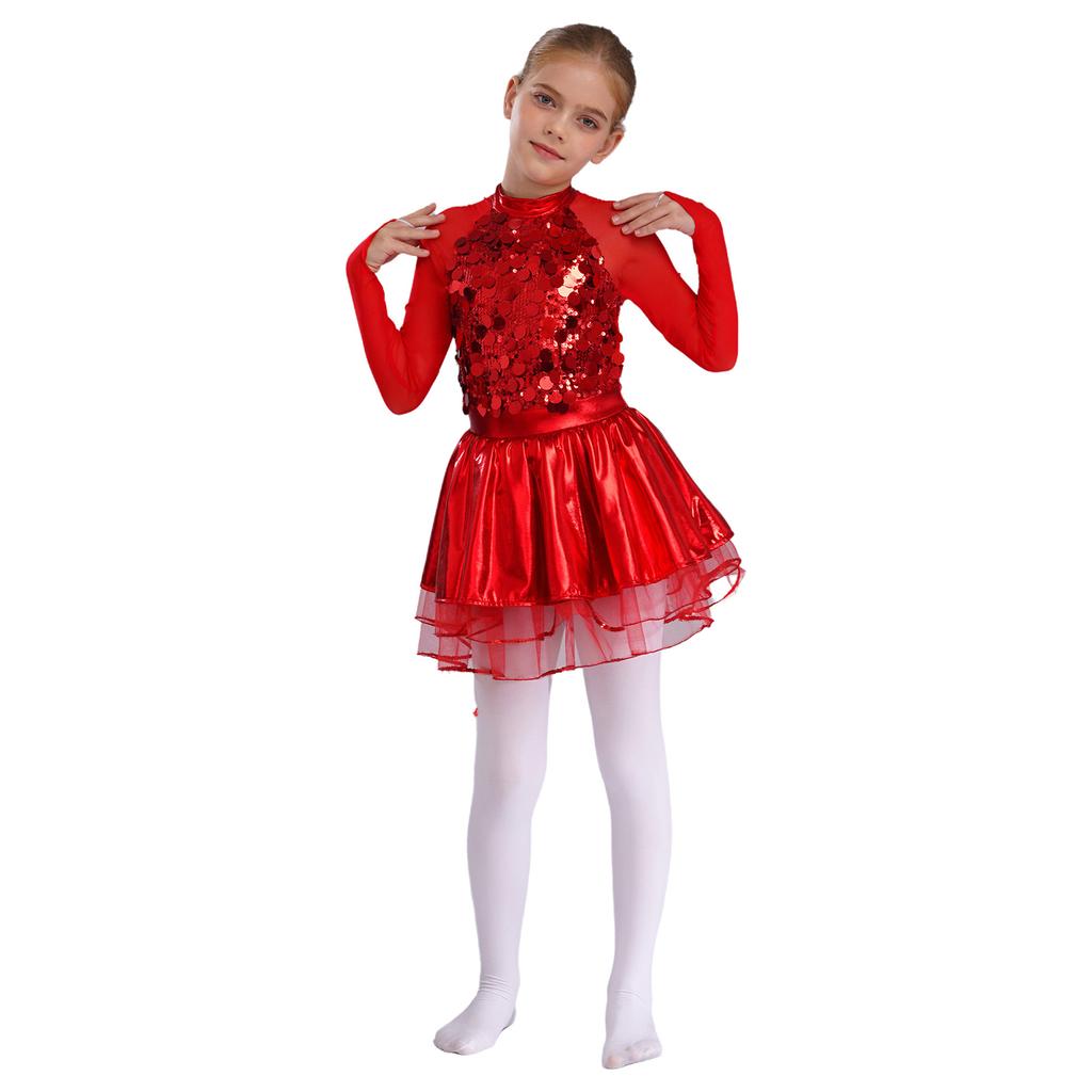 Mädchen Metallic Tutu Kleid Pailletten Durchsichtiges Mesh Langarm Design Schlüsselloch Rücken Funkelndes Tanzkostüm