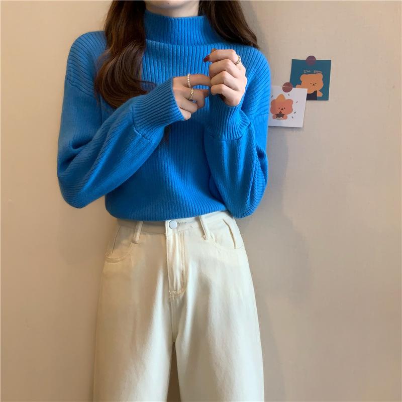 Half Turtleneck Sweater for Women Loose Solid-color Knitted Sweater for Autumn and Winter Casual Long-sleeved Pullover