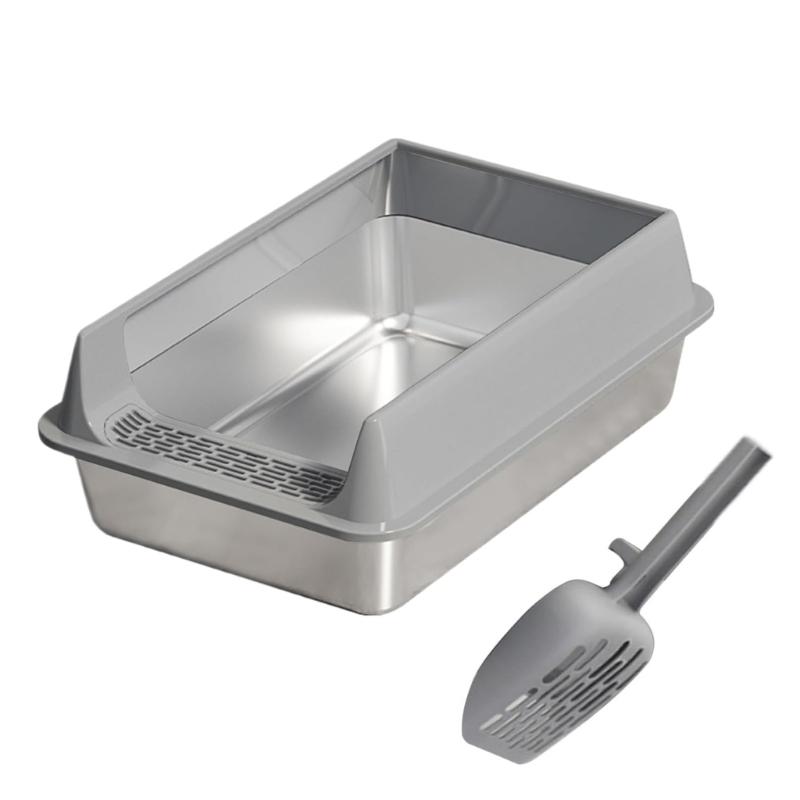 Large Half Enclosed Cats Litter Pan Stainless Steel AntiSplash Design Ventilation Litter Tray for Indoor Outdoor Cats
