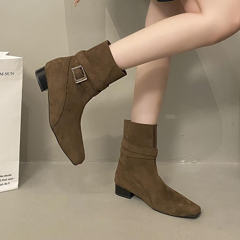 2025 winter retro solid color versatile belt buckle square head thick heel short boots women's fashion versatile Martin boots thin boots