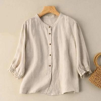 Women's Summer Mid-sleeve Literary Vintage Shirt Solid Color Loose Casual Tops
