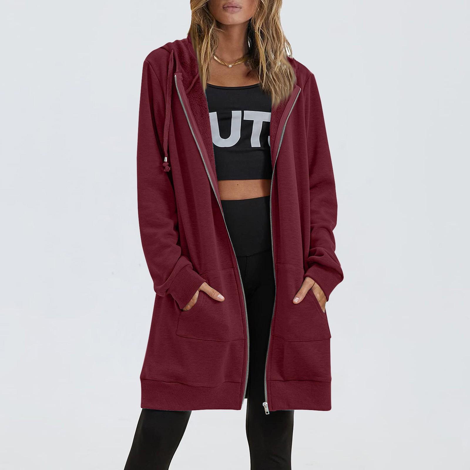 

Женские осенние толстовки с капюшоном на молнии, толстовки большого размера, одежда, повседневные куртки с карманами на шнурке, пальто с капюшоном средней длины, мотоциклетные бегуны XL винный