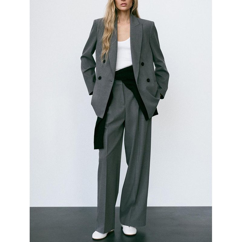 Double Breasted Suit with Padded Shoulder Outwear 2129095 Pleated Wide Leg High Waist Casual Trousers 2125095