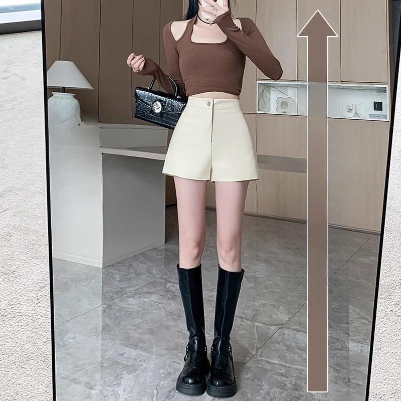 Women's Fall Spring Outer Wear High Waisted A-Line Slimming Petite Fashion Wide Leg PU Leather Shorts Coffee Mini Shorts