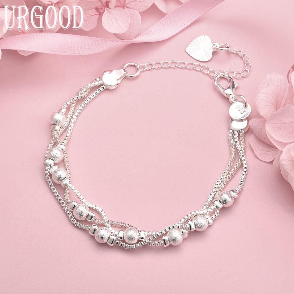 

925 Sterling Silver Checkered Chain Bead Bracelet Wedding Jewelry 20cm