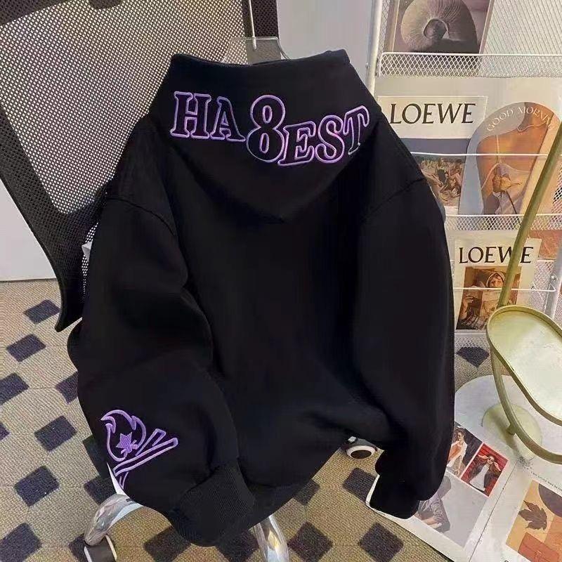 Cross-Border American Rapper Style 351-400g Flame Embroidery Men's Heavyweight Pure Cotton Hoodie