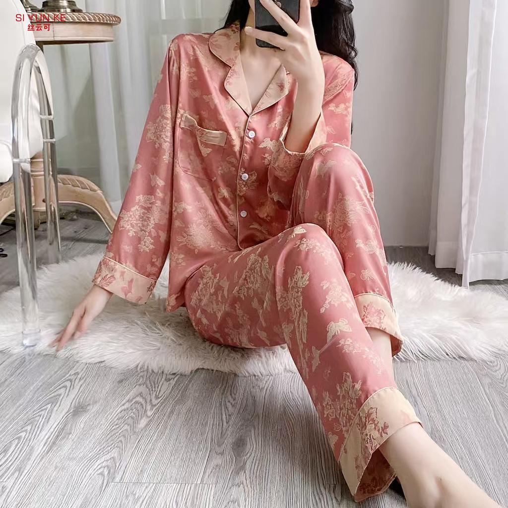 New silk pajamas women's long-sleeved cationic ice silk loungewear set can be worn outside imitation silk women's casual two-piece set
