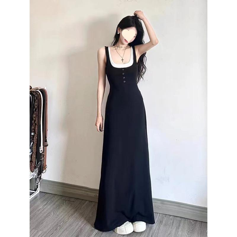 Black long dress fake two pieces Hepburn style small black dress Platycodon French age reduction thin suspender dress children's summer dress