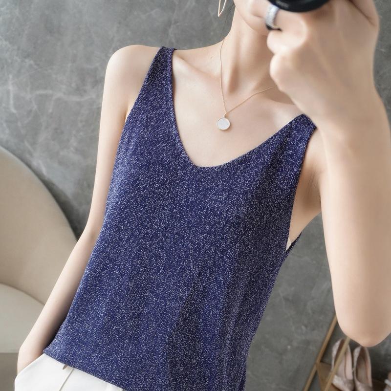 Quzhu Ice Silk V-neck Suspender for Women Slim Fit and Versatile Base Vest In Summer New Sleeveless Outer Wear Bright Silk Top