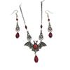 Retro Goth Red Crystal Bead Tassel Sliver Color Vampire Bat Pendant Choker Necklace Earrings Set for Men Women Hallowmas Jewelry