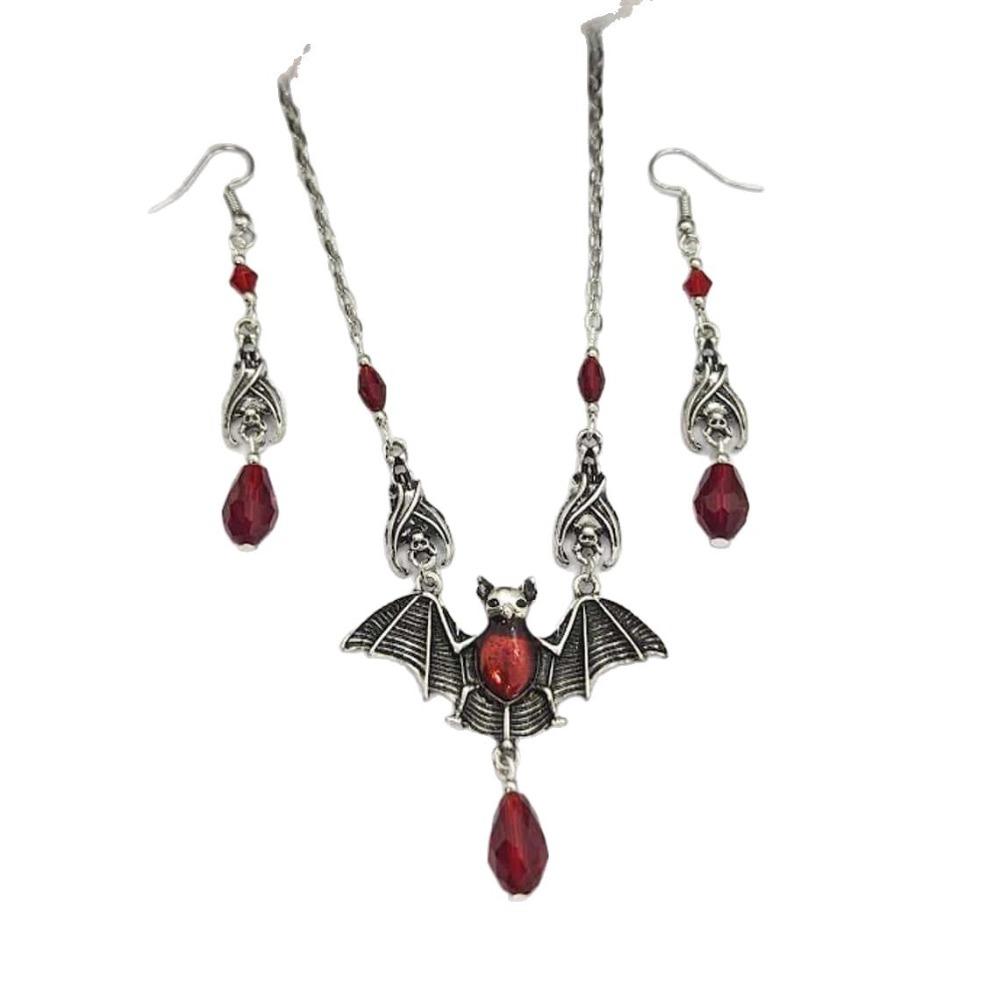 Retro Goth Red Crystal Bead Tassel Sliver Color Vampire Bat Pendant Choker Necklace Earrings Set for Men Women Hallowmas Jewelry