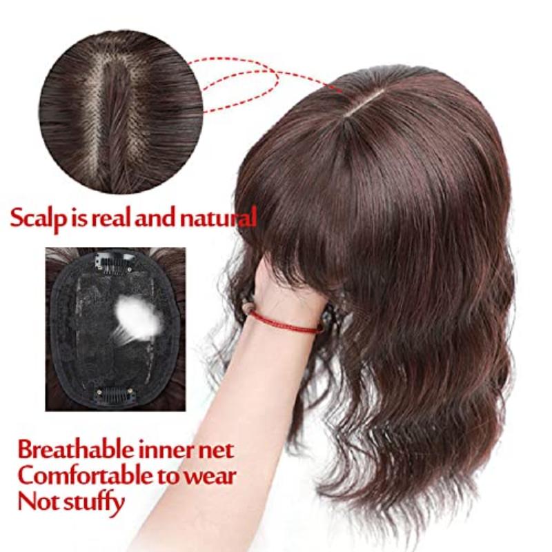 Body Wavy/Curly Hair Topper With Air Bangs For Women,Synthetic Hairpiece Clip in Hair Extension Add Volume Wig for Covering White Hair Hair Loss