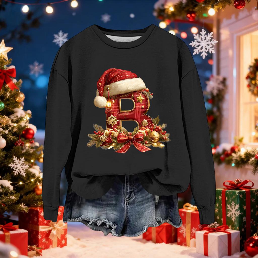 Women's Fashionable Casual Long-Sleeved Christmas Letter Print Crew-Neck Sweatshirt