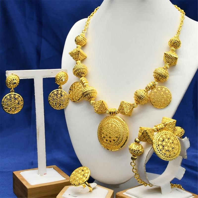 Gold Color Necklace Earring Wrist Chain and Rings Set For Bridal And Party Nigerian Weddings and Engagement Parties