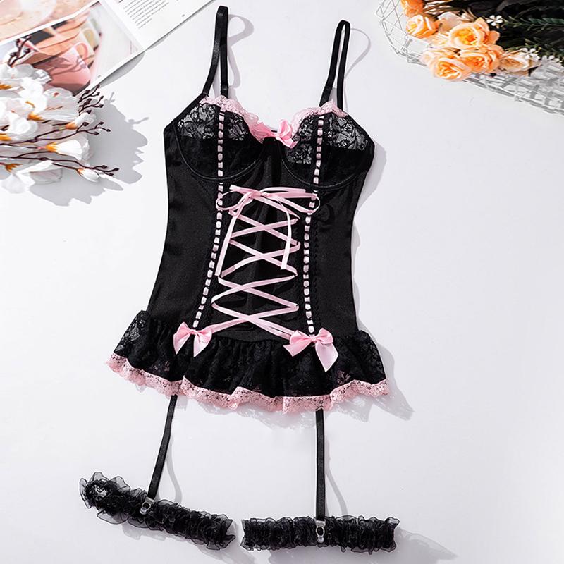 Women'S Sexy Bra Set Underwear Lingerie Lace Patchwork Bowknot Sexy Bra And Panty Garter Set Sleepwear