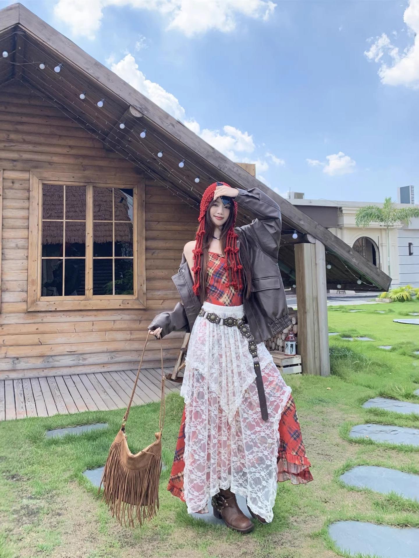 Vintage Plaid Dress with Lace Skirt, Leather Jacket & Belt - Women s Travel Style Medium