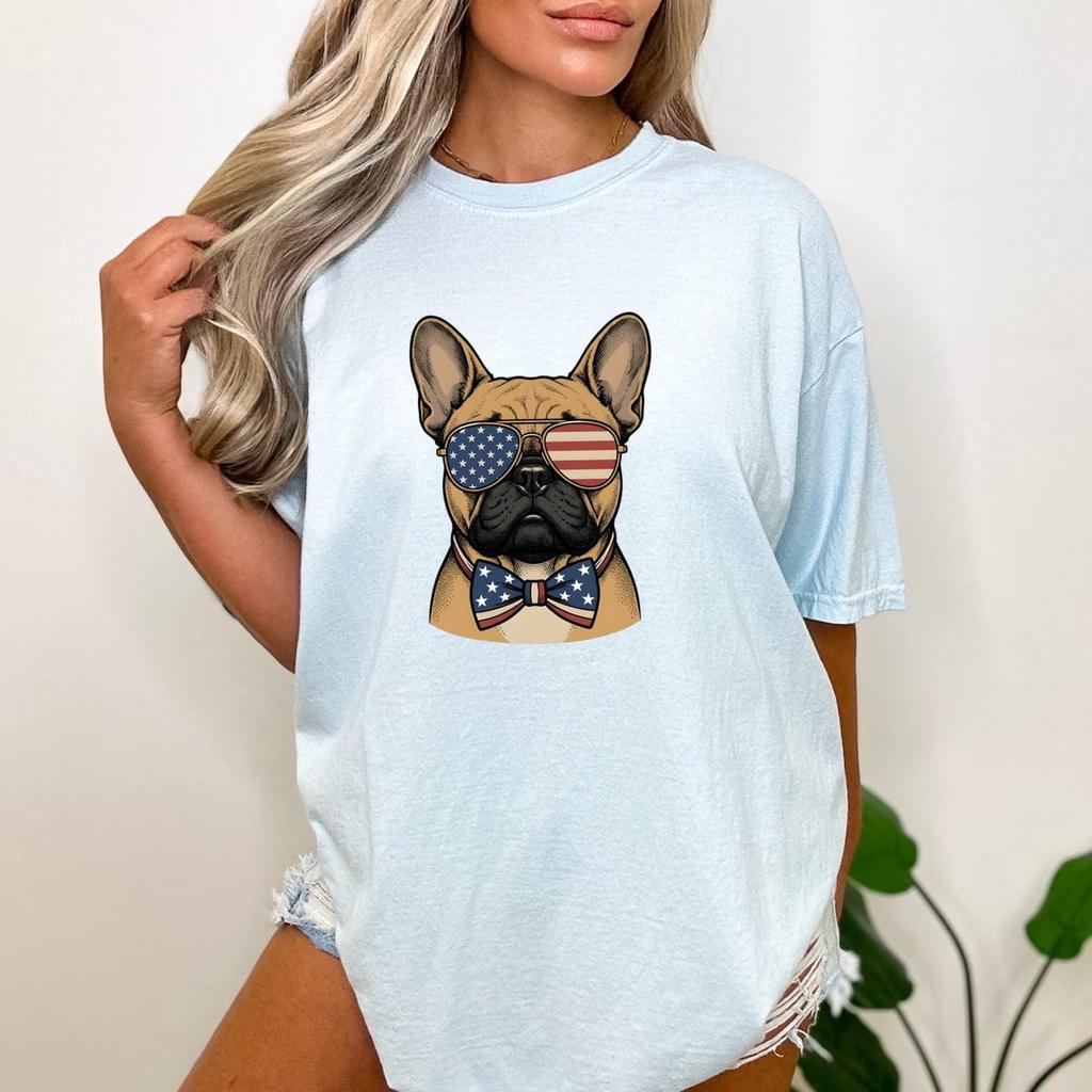 French Bulldog Sketch T-Shirt, Comfort Colors 1717 Tee, Patriotic Frenchie Glasses Bow Tie Graphic Top
