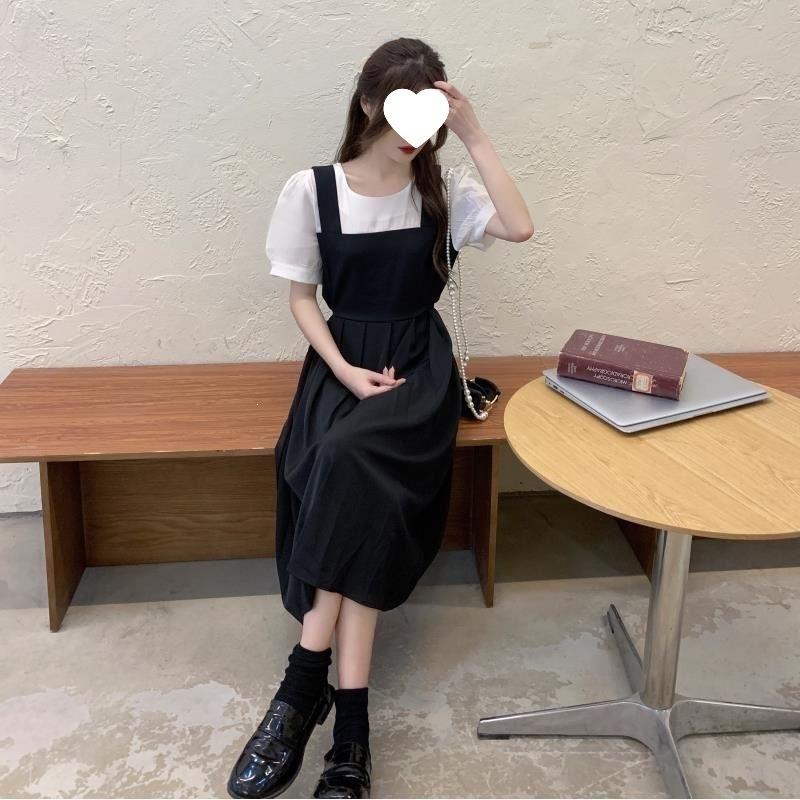 Black dress women's summer splicing fake two-piece high-end skirt French retro small black dress strap skirt long dress