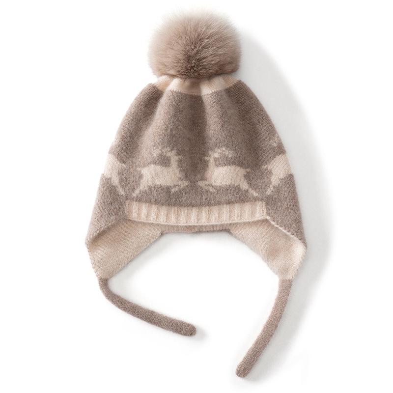 100% Pure Cashmere Children s Color-Block Jacquard Ear Protection Windproof Warm Knit Hat One Size