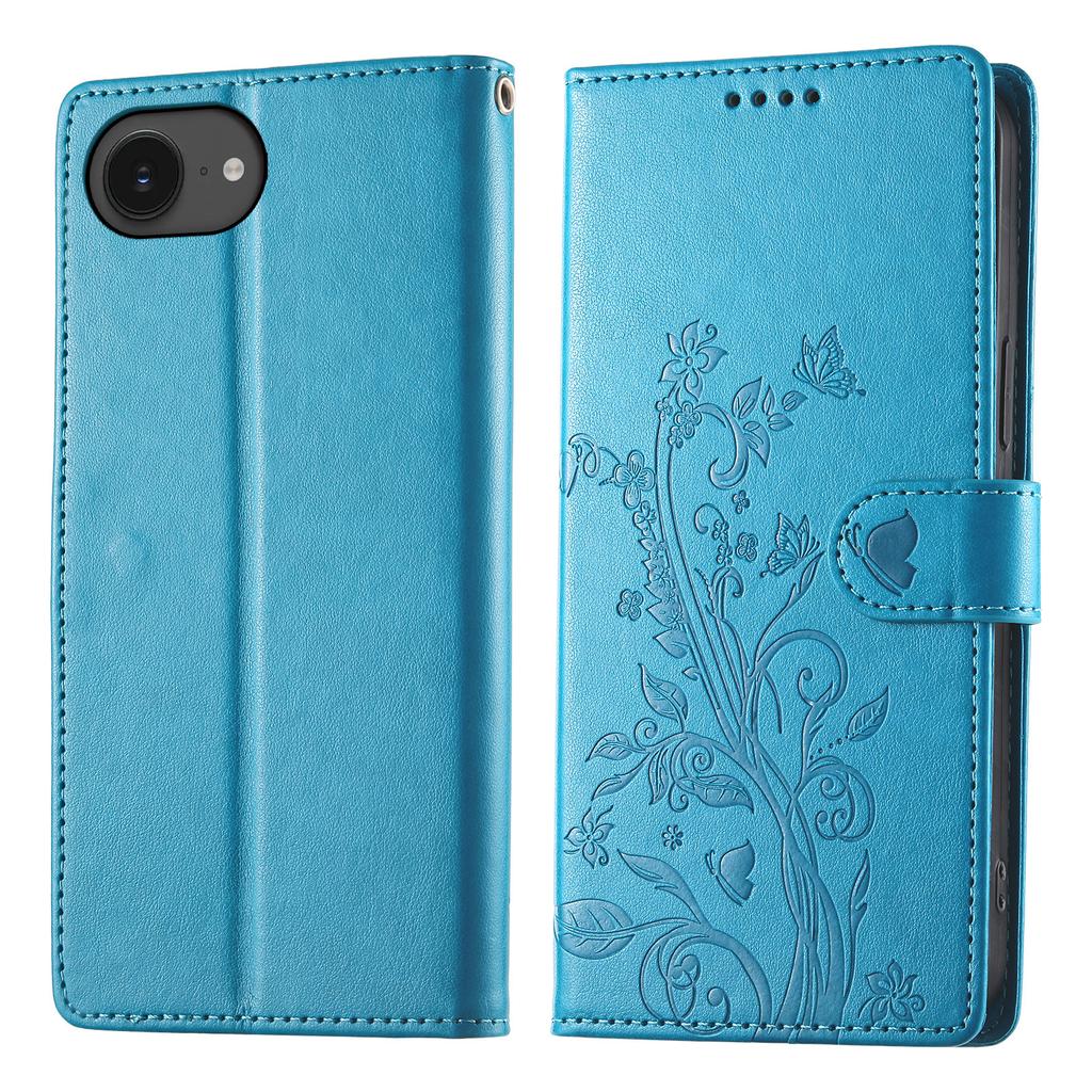 For iPhone 16e Wallet Case Butterfly Floral Imprint PU Leather Phone Cover with Wrist Strap