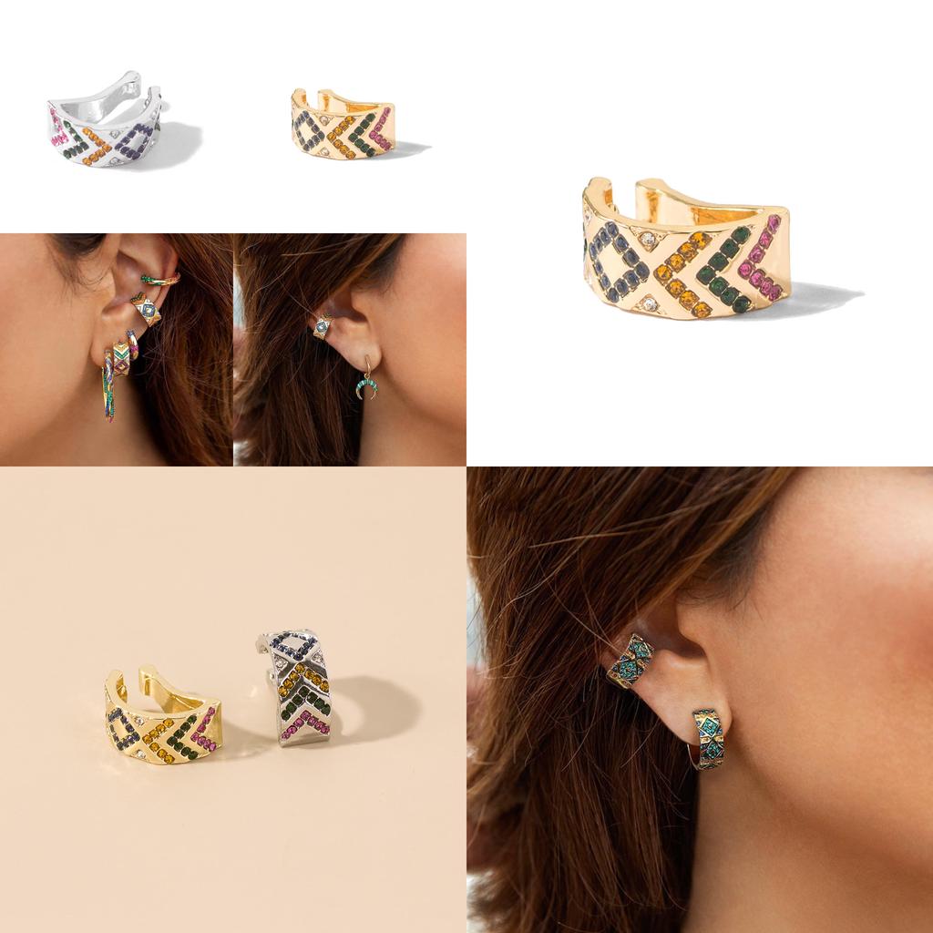 Elegant European American Style Alloy Ear Clips With Colorful Rhinestones
