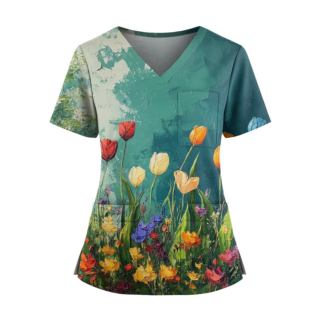Damen Casual Bedrucktes V-Ausschnitt Taschen Seitennaht Schlitz Kurzarm Top