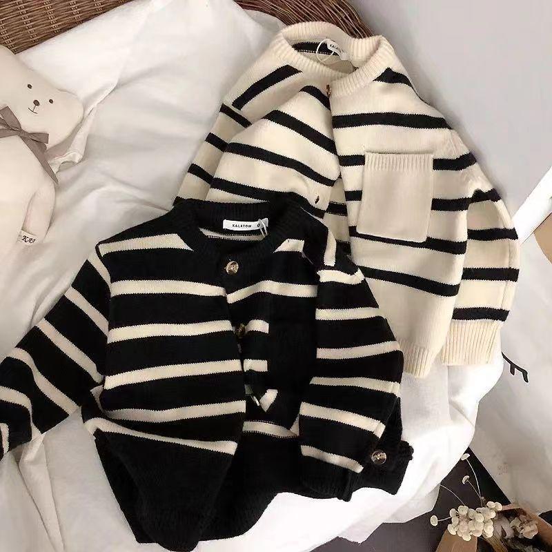 Korean Kids' Soft Striped Cardigan Sweater - Unisex, Spring & Autumn, Trendy Knitted Coat