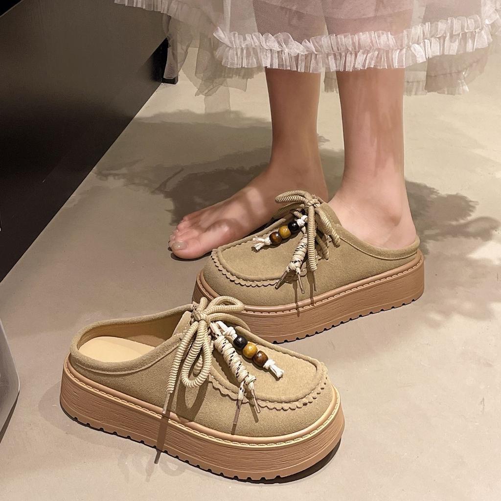 Fashion Thick-soled Heightening Bag Head Beaded Lace-up Shoes Women's Spring and Summer 2025 New Retro Bag Head Half Slippers Women