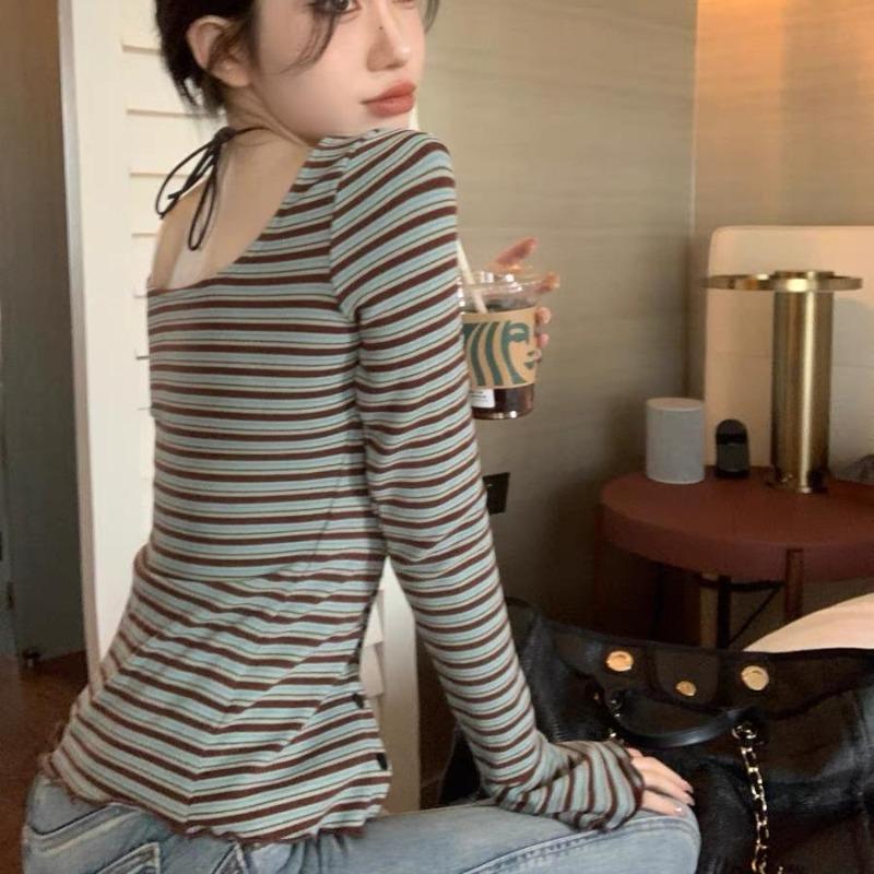 2KWEIRD Vintage Striped Cotton T Shirts Women Japanese Style Y2k Bandage Crop Tops Trendy 2000s Casual Long Sleeve Tees Female New