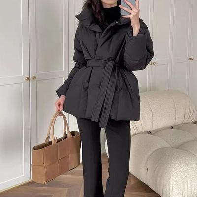 Zimný stojan Golier Parky Ženy Móda Kravata Pás Krátke Kabáty Ženy Elegantné Pevné Puffer Bundy Dámske Dámy