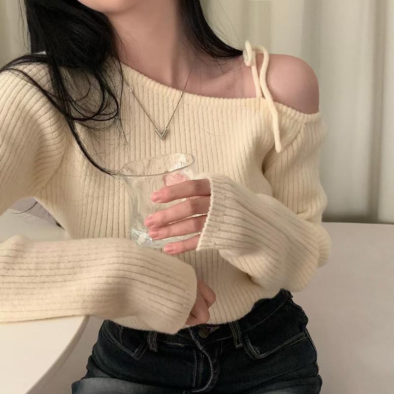 Elegant Off Shoulder Pullover Women Sweater 2025 Fashion Autumn Slant shoulder Long Sleeve Knit Top Lace-up Solid Casual Korean Style Clothes