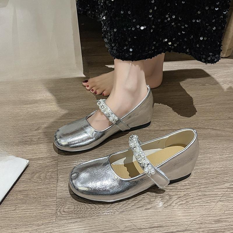 Fashion Inside Heightened Flat Single Shoes Autumn New Round Toe Shallow Slip Rhinestone Pearl Soft Sole Non-Slip Low Top Shoes