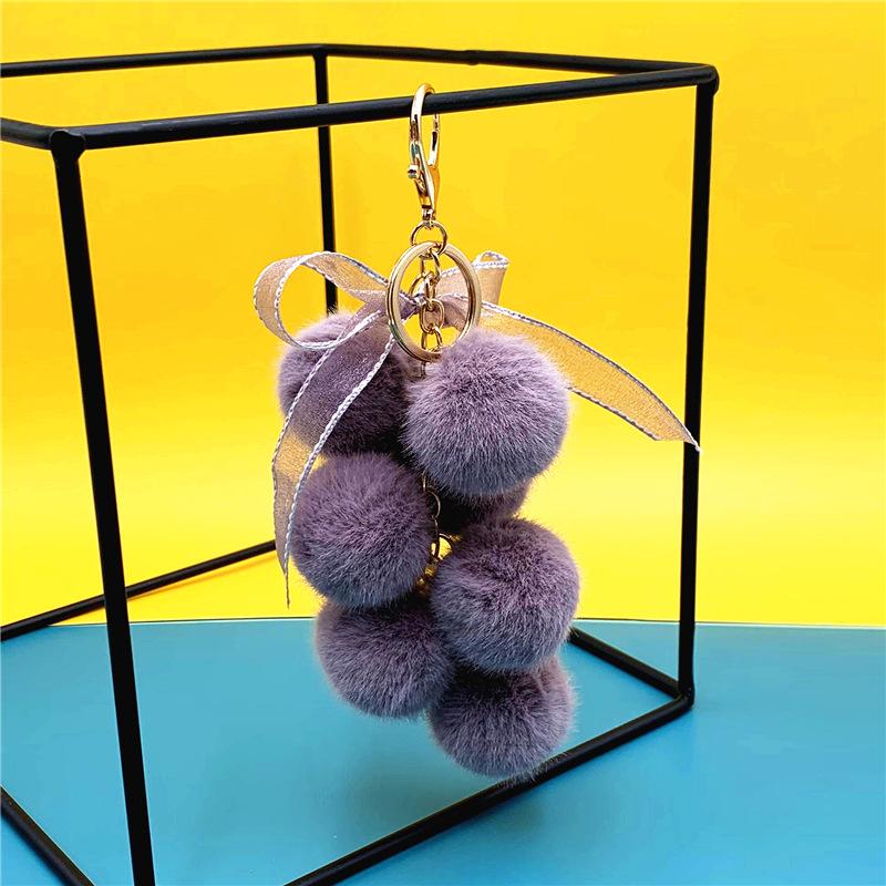 Cute Creative Grape Fruit Lace Bow Fur Ball Plush Doll Toy Keychain Pendant Bag Hanging Backpack Charm Car Keyring New Year Gift