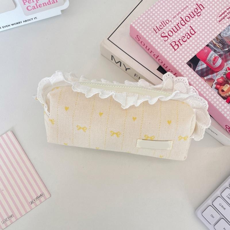 Lace Trim Pencil Case with Top Closure, Embroidered Heart Design for School Supplies, Desk Storage and Journaling