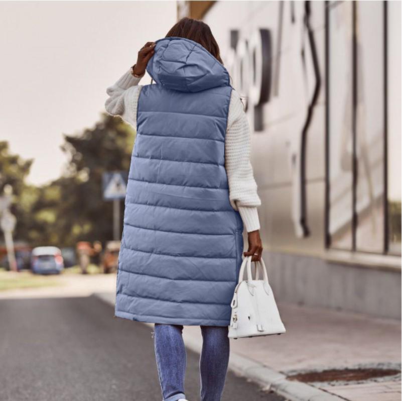 New European & American Fashion: Women's Solid Color Hooded Slim-Fit Sleeveless Mid-Length Cotton Vest