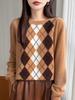 Damski sweter z dzianiny argyle z wełny - Top z długim rękawem w stylu akademickim na jesień/zimę 2025