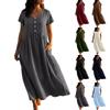 Women's Fashionable Color Cotton And Linen Round Neck Short Sleeved Pocket Casual Loose Beach Vacation Dress