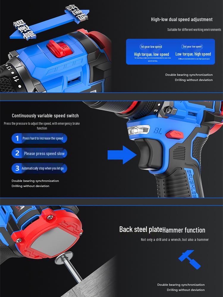 Rechargeable Brushless Electric Drill: Compact Multi-Purpose Impact Tool for Household Use