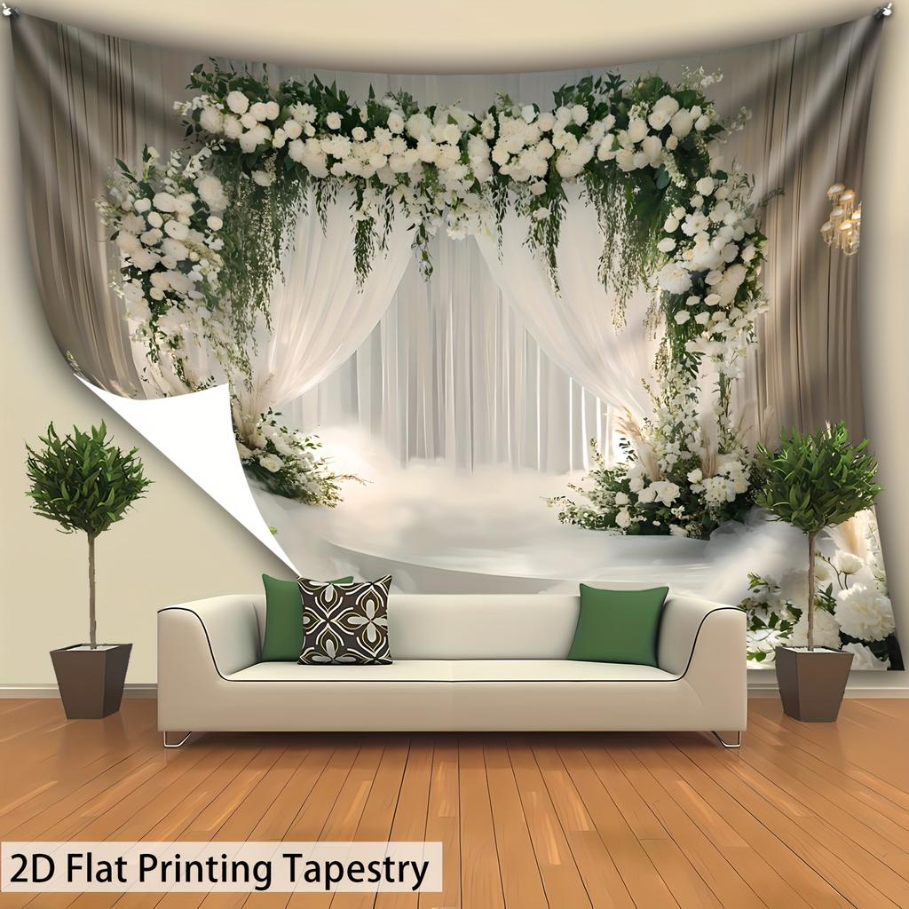 Omantic Floral Garland Tapestry, White Roses And Greenery Arch Print, Aesthetic Wall Art For Bedroom Living Room