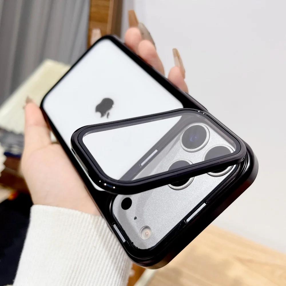 Plating Fold Glass Camera Stand Holder Phone Case For 17 17Pro 17Air 17 Pro Max Ultra Thin Transparent Shockproof Cover