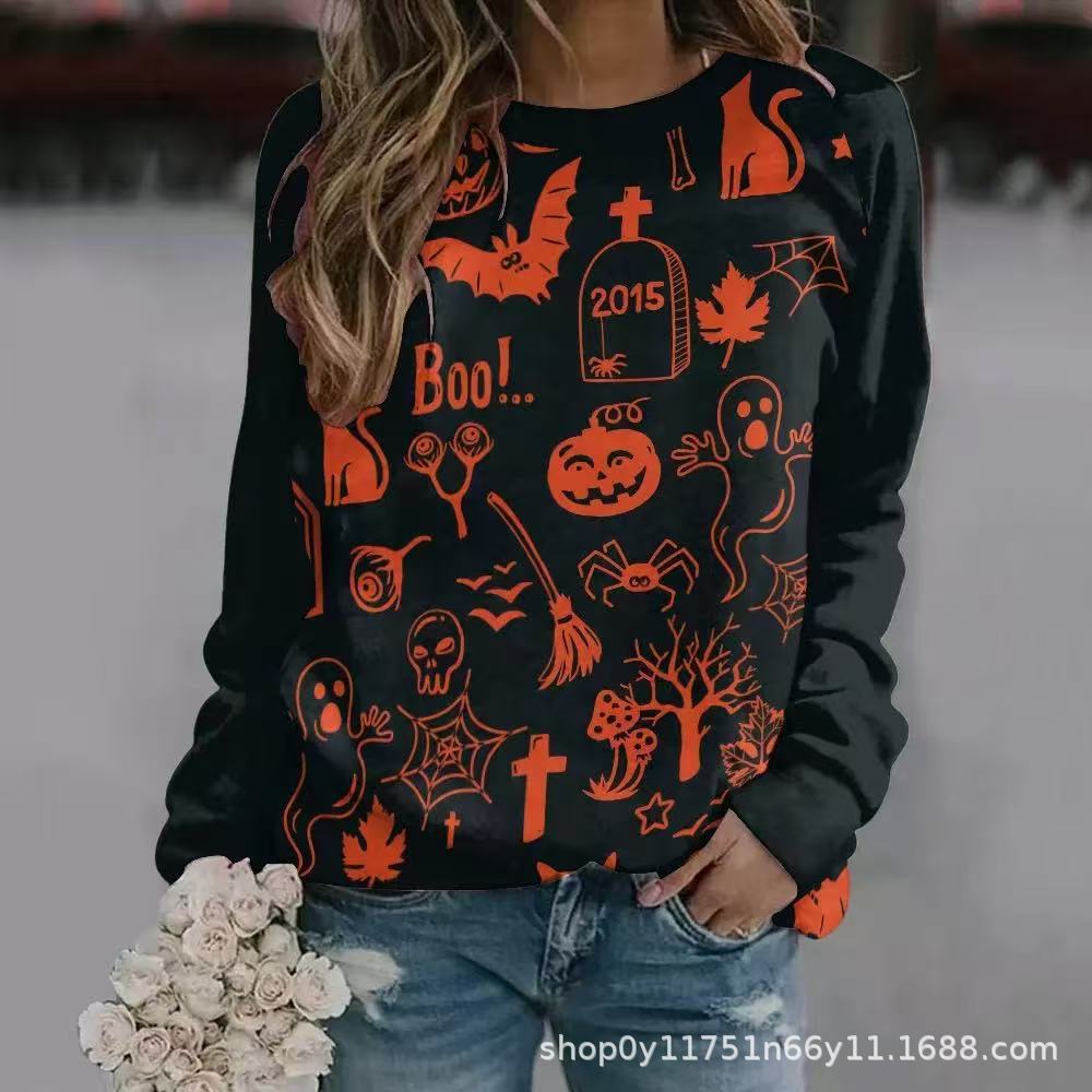 New Halloween Ladies Sweater 3D Digital Printing Pumpkin Bat Dark Pattern Crew Neck Long Sleeve Top