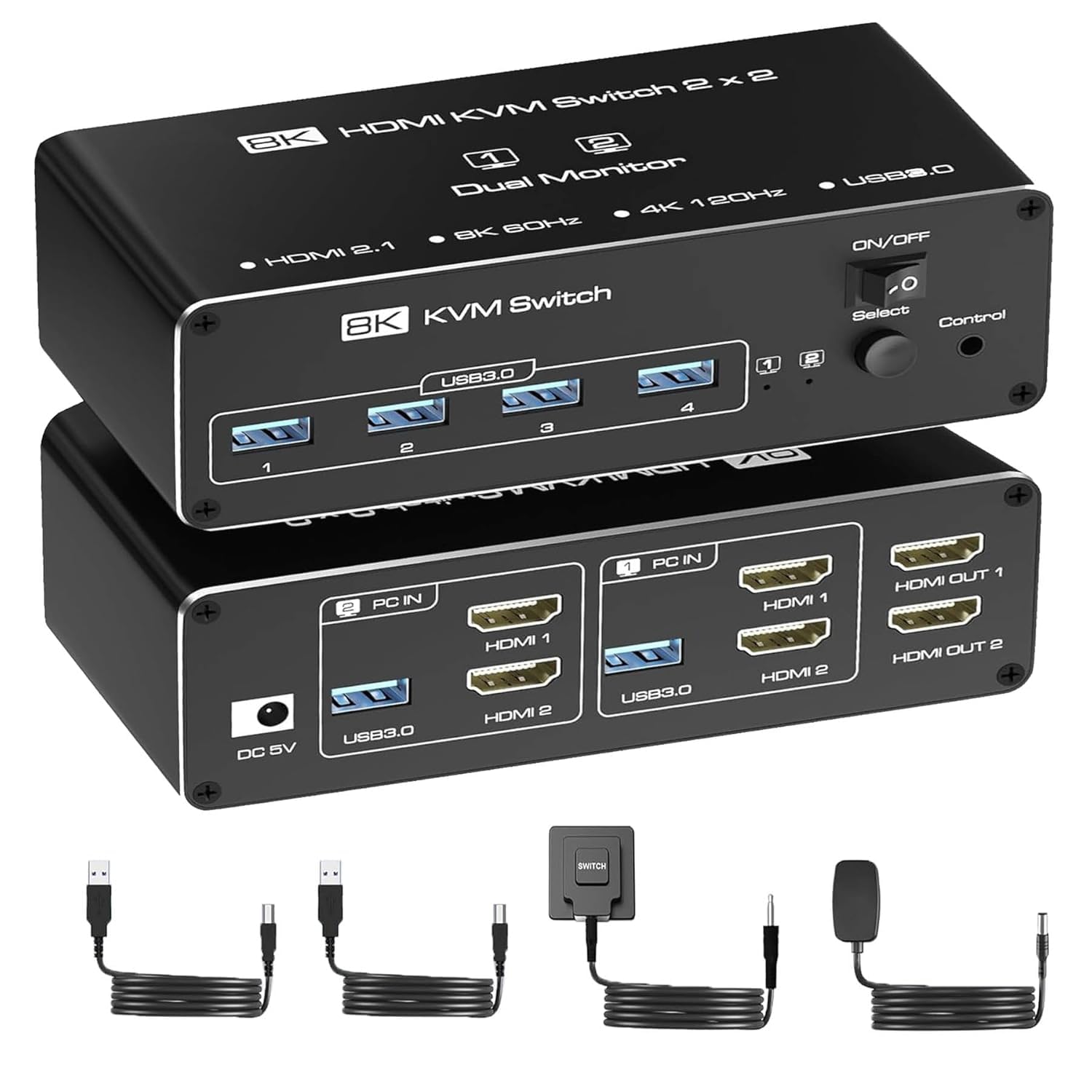 8K HDMI KVM Simultaneous USB 8K 144Hz HDMI KVM USB 2 Simultaneous Display Switcher, 2-PC Switch, 2-Monitor Output, 3.0 Output, 60Hz/4K Compatible, 2.1 чёрный