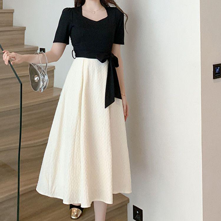 Elegant Plus Size Hepburn Style Color Block Waist-Cinched Square Neck Summer Dress