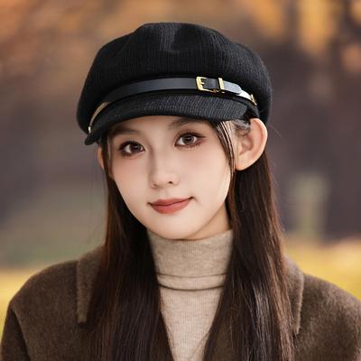 Hut Damen Herbst und Winter Britischer Stil Outdoor Freizeit Winddichte Baskenmütze Vielseitige Gürtelschnalle Achteckiger Hut Retro Malermütze