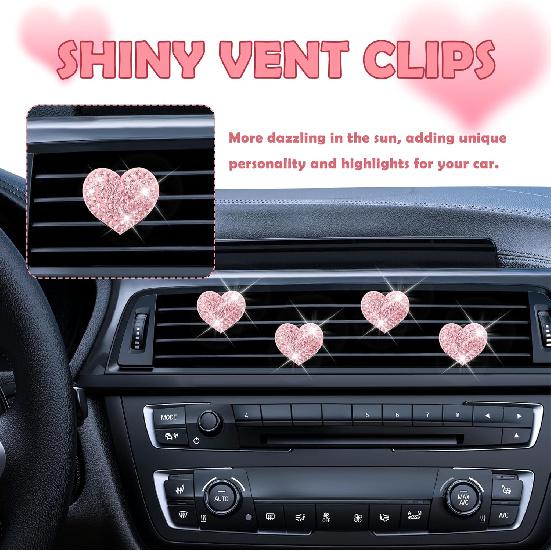 4PCS Heart-Shaped Car Vent Clips with Rhinestone,Bling Air Vent Clips Car Decorations,Premium Shiny Car Clips for Vents CCar Accessories Interior for