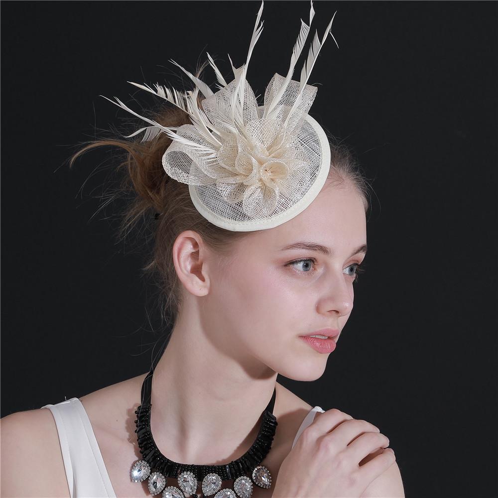 Popular Hemp Yarn Banquet Mesh Top Hat Bridal Feather Hairpin European And American Beige Top Hat